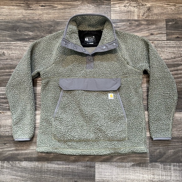 Carhartt Tops - Carhartt Relaxed Fit Fleece Quarter Snap Pullover in Basil/Malt Heather - Medium